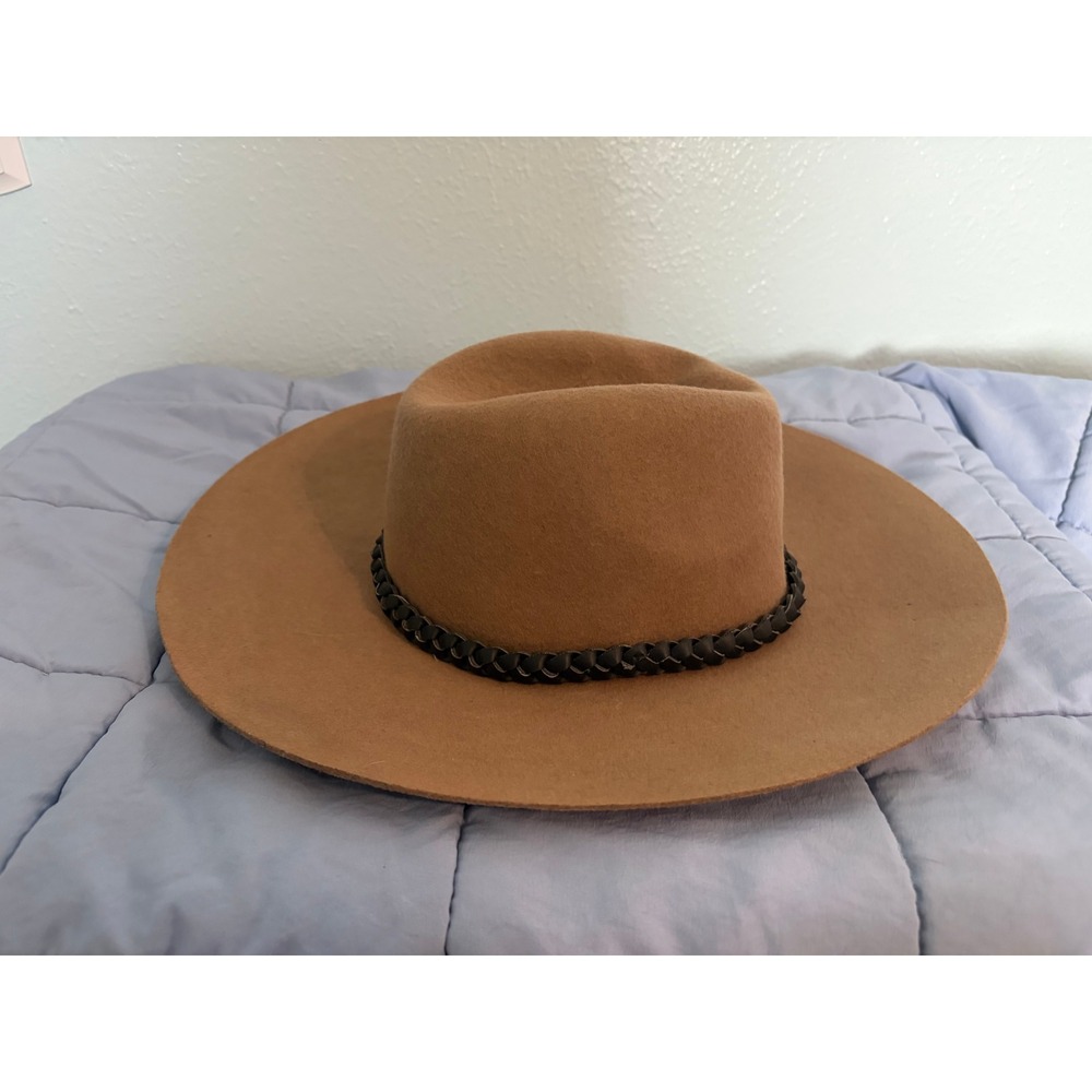 Do Everything In Love Tan 100% Wool Wide Brim Fedora Hat Braided Band Boho - Picture 2 of 5